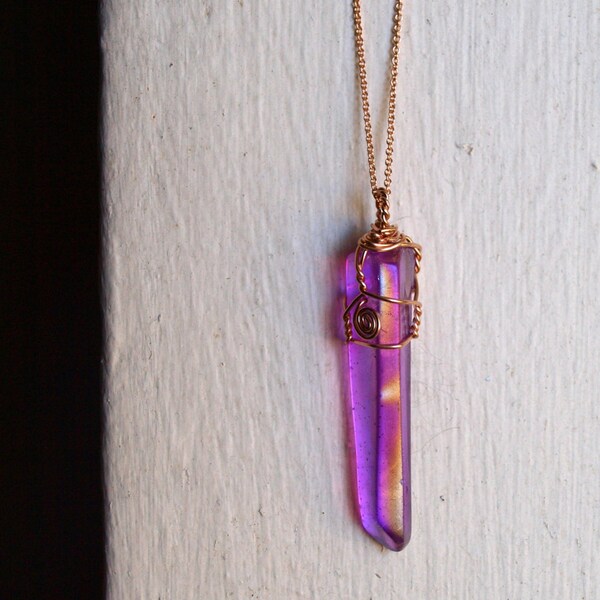 Lavender Aura Quartz (Raw) - Rose Gold-fill Wirewrapped Necklace with Matching 18 Inch Cable Chain - Ecofriendly, Fair Trade