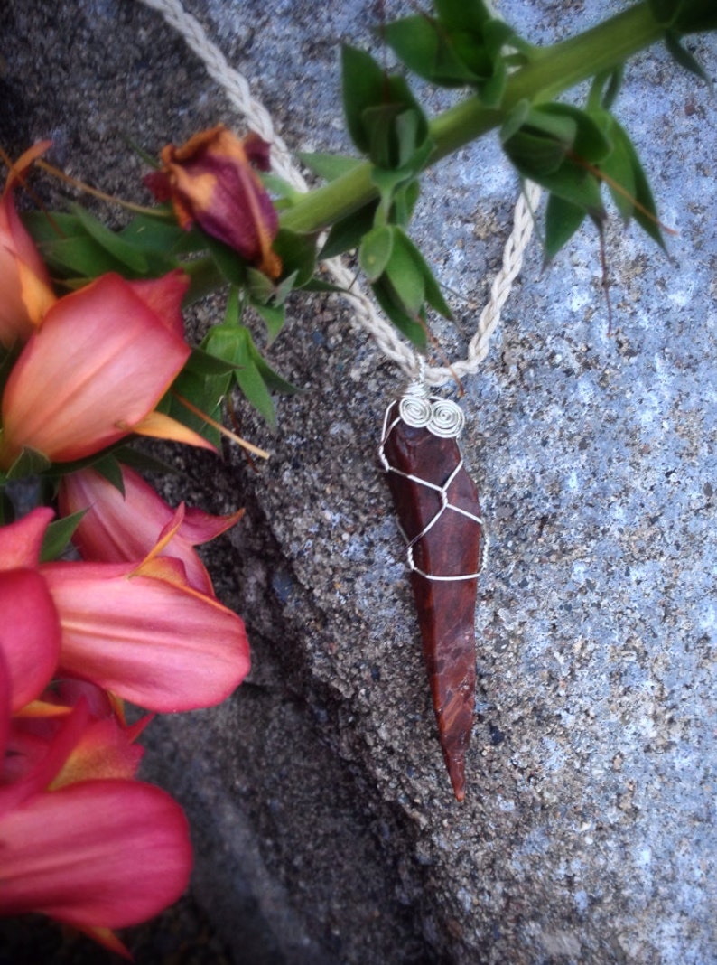 Ecofriendly Natural Hemp Fair Trade Sustainably Sourced Silver Mahongany Obsidian Raw Dulled Spear Necklace Sustainable