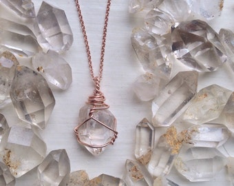 Raw Herkimer Diamond Necklace - Double Terminated Quartz Crystal - 100% Rose Gold or Yellow Gold Filled Wire and 18 Inch Cable Chain - MTO