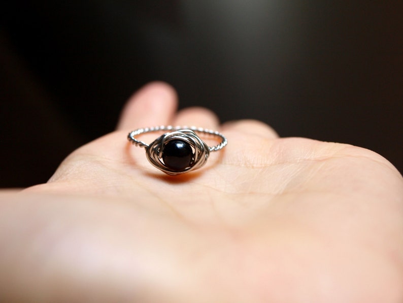 Black Tourmaline Wirewrapped Ring with Silver Copper Any Size Crystal Healing Spiritual Jewelry Passion, Creativity, Crystal Band Ring image 3