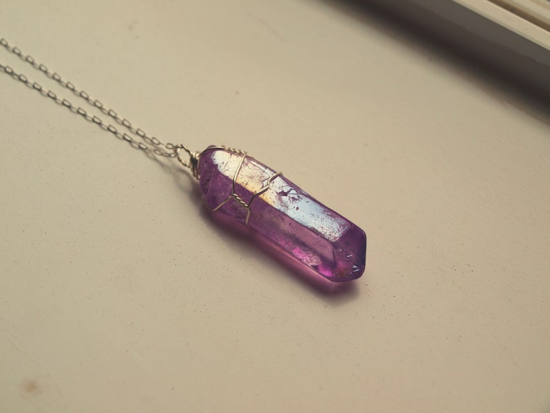 Purple Aura Quartz Necklace, Silver Aura Quartz Necklace, Aura Quartz Pendant, Silver Quartz Crystal, Aura Crystal Gift for Her for Him image 2