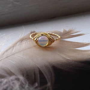 Opalite Wirewrapped Ring with Gold Copper - Any Size - Crystal Healing Spiritual Jewelry - Passion, Creativity, Crystal Band Ring