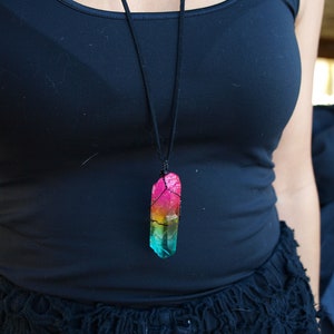 Pink, Yellow, Teal Aura Quartz Necklace -  Sunshine Aura Quartz Necklace - Men&#39;s Quartz Crystal, Aqua Aura Crystal Gift for Her - Black Aura