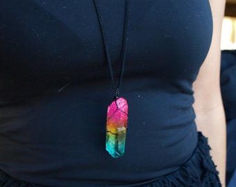 Pink, Yellow, Teal Aura Quartz Necklace -  Sunshine Aura Quartz Necklace - Men's Quartz Crystal, Aqua Aura Crystal Gift for Her - Black Aura