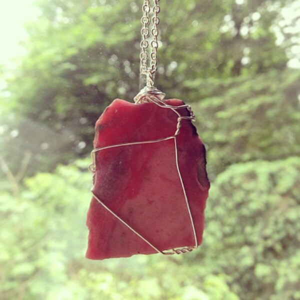Silver Wire-Wrapped Rhodonite Heart Healing - Recycled, Reused, Upcycled, Sustainable - Environmentally Conscious Necklace