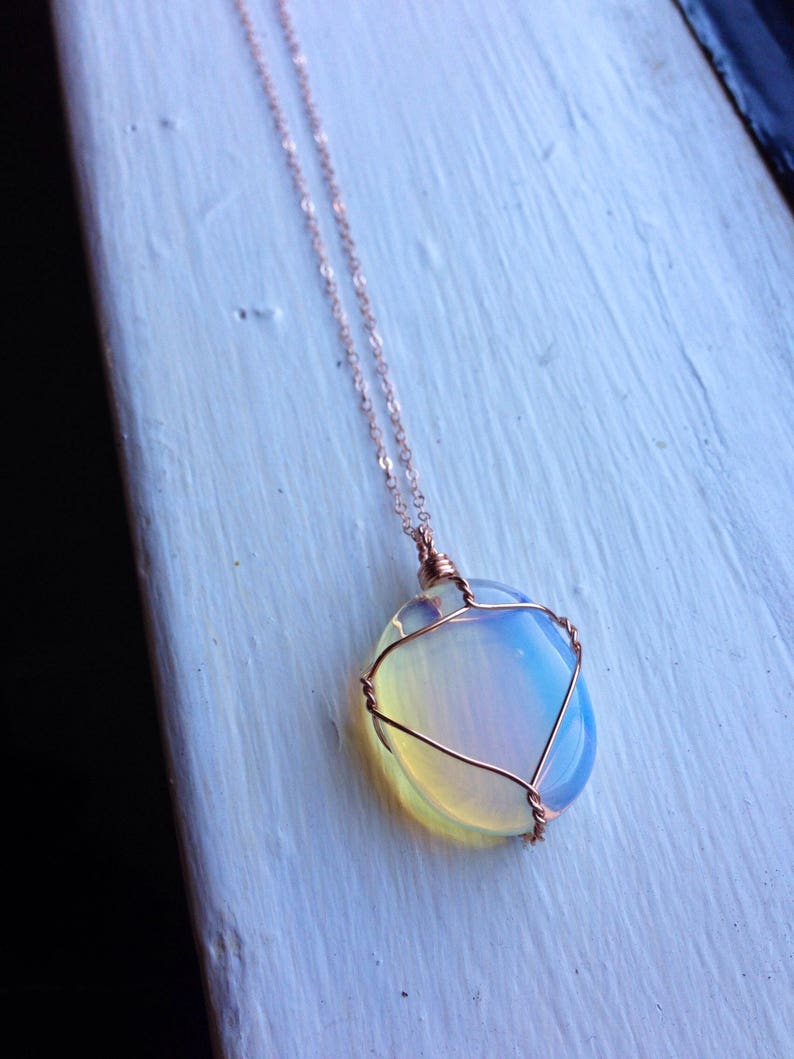 Opalite Necklace Wire Wrapped Opalite Necklace Rose Gold Opalite Necklace Rainbow Crystal Necklace Rose Gold Crystal Pendant image 1