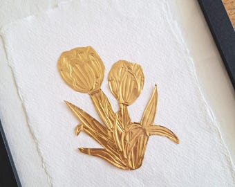 Botanische reliëf kunst in zwart houten lijst op handgeschept papier | Huwelijkscadeau | Luxe wanddecoratie,  23,5cmx31,5cmx1,7cm