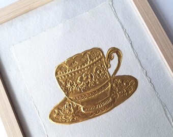 My cup of tea!  Reliëf Folie Kunstwerk in naturel houten Lijst op Handgeschept Papier | Uniek Huwelijkscadeau |   23,5cmx31,5cmx1,7cm