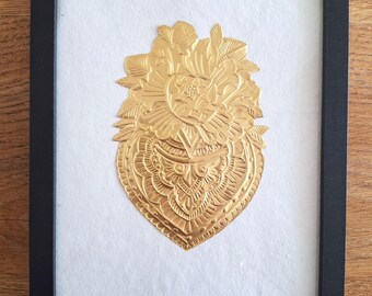 Symbolische wanddecoratie hart | Folie kunst | Handgemaakt op geschept papier, 23,5cmx31,5cmx1,7cm