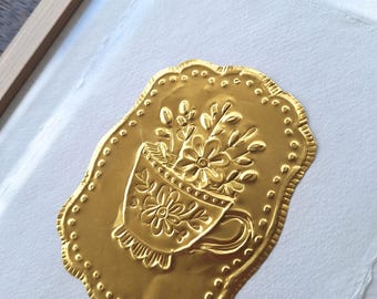 Tea Time Minimalistische, originele goudfolie kunst in houten  lijst | Handgeschept papier | Luxe wanddecoratie,  23,5cmx31,5cmx1,7cm