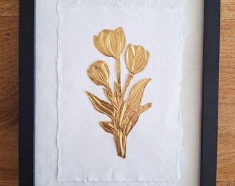 Botanische reliëf kunst in zwart houten lijst op handgeschept papier | Huwelijkscadeau | Luxe wanddecoratie, 23,5cmx31,5cmx1,7cm