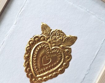 Ex Voto hart in houten lijst op handgeschept papier | Symbolisch cadeau | Handgemaakt kunstwerk,  23,5cmx31,5cmx1,7cm