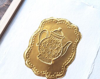 Tea Time!  Reliëf goudFolie Kunstwerk in houten Lijst op Handgeschept Papier | Uniek Huwelijkscadeau | Kraamcadeau | 23,5cmx31,5cmx1,7cm