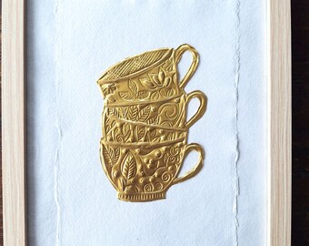 Tea time! goudkleurige folie kunst in houten naturel lijst | Handgeschept papier | Luxe wanddecoratie,  23,5cmx31,5cmx1,7cm