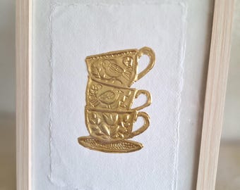 Tea please! Minimalistische folie kunst in houten naturel lijst | Handgeschept papier | Luxe wanddecoratie,  23,5cmx31,5cmx1,7cm
