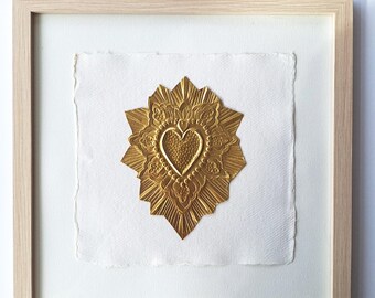 Romantisch gouden hart, kunstwerk in houten lijst | Huwelijk | Jubileum cadeau | Housewarming, 32,5cmx 32,5cm x1,7cm