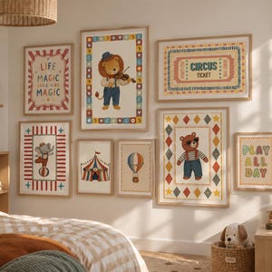 Juego de 8 láminas decorativas vintage de circo para la habitación infantil, decoración original para niños.