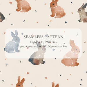Puede incluir: Un patrón sin costuras con conejos de acuarela en tonos marrón, gris y azul sobre un fondo crema. El diseño incluye el texto "SEAMLESS PATTERN" y detalles sobre los archivos PNG, incluida la resolución y el uso comercial.