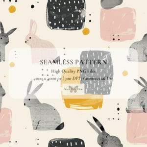 Puede incluir: Diseño de patrón sin costuras con conejos, formas abstractas y puntos en una paleta de colores suaves de gris, rosa, negro y amarillo. Se muestra el texto "SEAMLESS PATTERN". Archivos PNG de alta calidad para uso comercial.