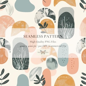 May include: A seamless pattern design featuring abstract shapes in muted tones of peach, teal, and gray, with textured details and botanical accents. The design includes the text "SEAMLESS PATTERN" and "High Quality PNG Files".