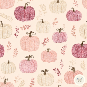 May include: A repeating pattern on a light cream background featuring illustrated pumpkins in shades of dusty rose, deep magenta, and off-white. The pumpkins have dark brown stems and textured line details, interspersed with small leafy sprigs.