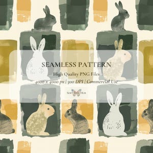 Puede incluir: Patrón sin costuras con conejos en tonos grises, blancos y beige, sobre bloques abstractos verdes, amarillos y grises. Se muestra el texto "SEAMLESS PATTERN".