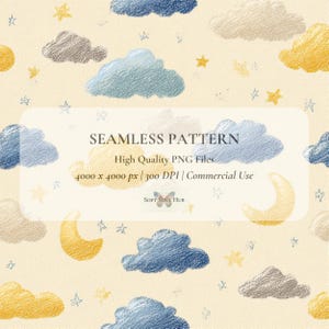 Könnte beinhalten: Ein nahtloses Musterdesign mit handgezeichneten Wolken, Sternen und Monden in Blau, Gelb und Grau auf cremefarbenem Hintergrund. Der Text "SEAMLESS PATTERN" wird angezeigt.