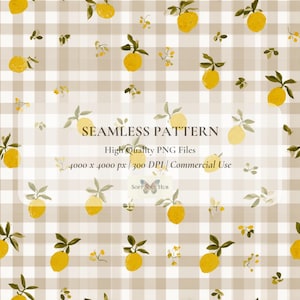May include: A seamless pattern featuring yellow lemons with green leaves on a beige and white checkered background. Text reads: SEAMLESS PATTERN, High Quality PNG Files, 4000 x 4000 px, 300 DPI, Commercial Use, and SOFT SOUL HUB with a butterfly icon.