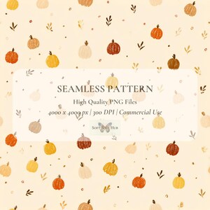 May include: A seamless pattern featuring a repeating design of pumpkins in shades of orange, yellow, brown, and cream, with small leaf accents on a light beige background. The text "SEAMLESS PATTERN" is displayed.