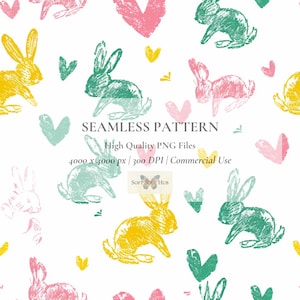 Puede incluir: Un patrón sin costuras con ilustraciones de conejos y formas de corazón coloridas sobre un fondo blanco. Los conejos son amarillos, verdes, rosas y azules. El texto "SEAMLESS PATTERN" también es visible.