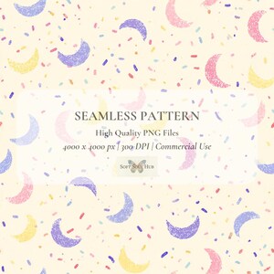 Puede incluir: Patrón sin costuras con lunas crecientes en tonos pastel rosa, amarillo y morado sobre un fondo crema, con confeti. El texto "SEAMLESS PATTERN" se muestra en el centro, junto con otros detalles.