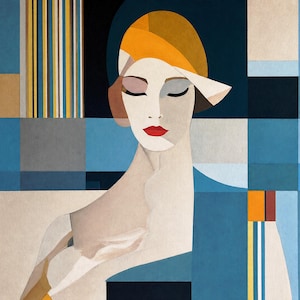May include: A painting featuring a stylized portrait of a person with closed eyes and red lips, wearing a yellow hat. The composition uses geometric shapes and blocks of blue, black, beige, and white, with vertical striped accents in the background.