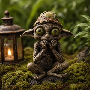 Puede incluir: Una caprichosa estatua de duende marrón con grandes ojos verdes, sentado con las manos cerca de la boca. El duende lleva un sombrero texturizado y está rodeado de vegetación, con una linterna en el fondo.