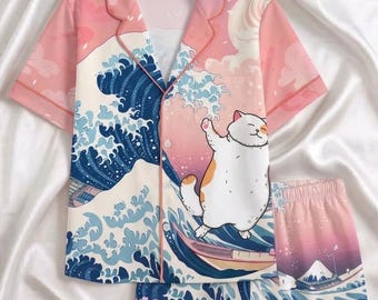 Cat Summer Pajamas, Short Sleeve Kanagawa Wave Pjs, Cute Cat Loungewear Set, Pink Pastel Sleepwear, Kawaii Cat Lover Gift, Long Sleeve Pjs