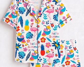 Tropical Flamingo Pajamas Set, Hello Summer Short Sleeve Pjs, Colorful Pineapple Loungewear for Women, Beach Vacation Matching Sleepwear
