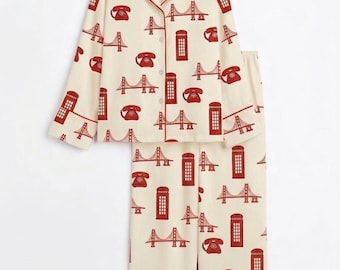 Vintage Red Telephone Pajama Set, Golden Gate Bridge Print PJs, Retro City Life Sleepwear, Aesthetic Long Sleeve Pajamas, Travel Lover Gift