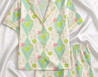 Vintage Cocktail Pajamas Set, Retro Lime Martini Satin Pjs, Summer Sleepwear, Bachelorette Party Loungewear, Trendy Short Long PJ Set