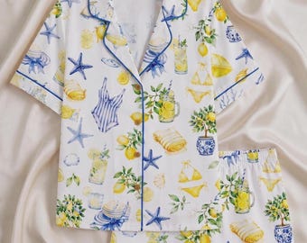 Amalfi Coast Lemon Pajamas Set, Mediterranean Style Sleeve Pjs, Coastal Grandmother Loungewear, Blue Tile Lemon Sleepwear for Women