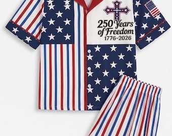 America 250 Pajama Set, Patriotic US Flag PJs, Distressed Fourth of July Sleepwear, USA Anniversary Nightwear, Independence Day Gift for Her