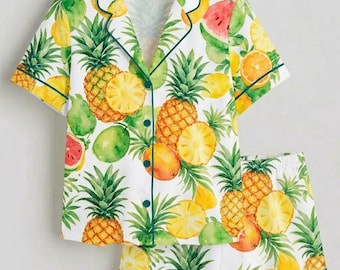 Tropical Fruit Pajama Set, Summer Long Sleeve Sleepwear, Colorful Fruit Nightwear, Gift for Her, Summer Short Sleeve Sleepwear