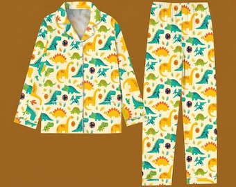 Colorful Dinosaur Pajama Set, T-Rex Brachiosaurus PJs, Long Sleeve Sleepwear for Women, Cute Dino Print Nightwear, Prehistoric Lover Gift
