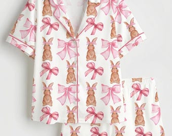 Bunny Pajama Set, Pink Bow Print Sleepwear, Cute Coquette Loungewear, Short Sleeve Ribbon Pjs, Watercolor Rabbit Nightwear, Gift for Her