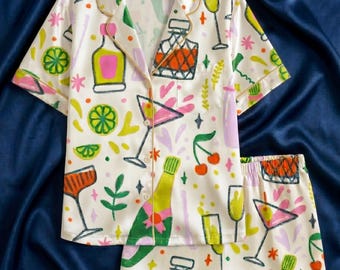 Cocktail Pajama Set, Bachelorette Party Pjs, Cute Wine Print Sleepwear, Champagne Bridesmaid Loungewear, Birthday Nightwear, Gift for Her