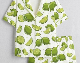 Fruit Pattern Pajamas, Short Sleeve PJ Set, Cute Lime Print Sleepwear, Comfy Summer Pjs Women, Bride Pajamas, Aesthetic Loungewear