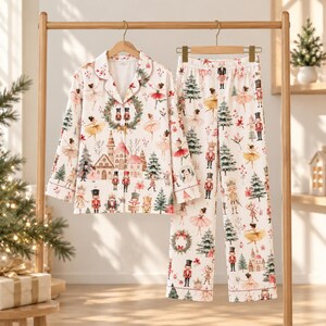 Nutcracker Ballet Pajama Set, Vintage Ballerina Holiday Sleepwear, Long Sleeve Button Down PJs, Festive Christmas Lounge Set, Gifts For Her