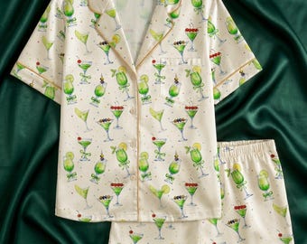 Green Cocktail Pajama Set, Margarita Silk Sleepwear, Bachelorette Party Pjs, Cute Martini Print Loungewear, Bridesmaid Gift, Gift for Her