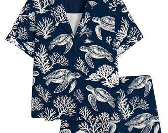 Sea Turtle Pajama Set, Navy Blue Coral Print PJs, Ocean Life Sleepwear, Summer Short Sleeve Nightwear, Beach Lover Gift for Her