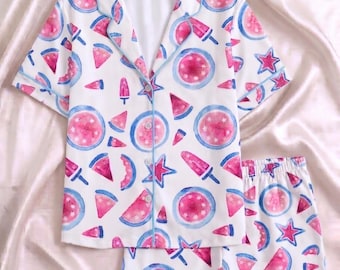 Watercolor Watermelon Pajamas Set, Cute Fruit Short Sleeve Pjs, Summer Popsicle Loungewear for Women, Pastel Pink Blue Stars Sleepwear