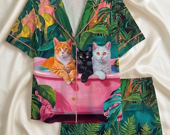 Tropical Cat Pajamas, Funny Kitten Sleepwear, Colorful Loungewear Set, Botanical Cat Nightwear, Whimsical Cat Pjs, Cat Lover Pajama Set