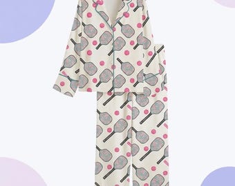 Pickleball Print Pajamas, Women's Long Pajama Set, Sports Theme Sleepwear, Summer Button Down PJs, Unique Pickleball Player Gift Set